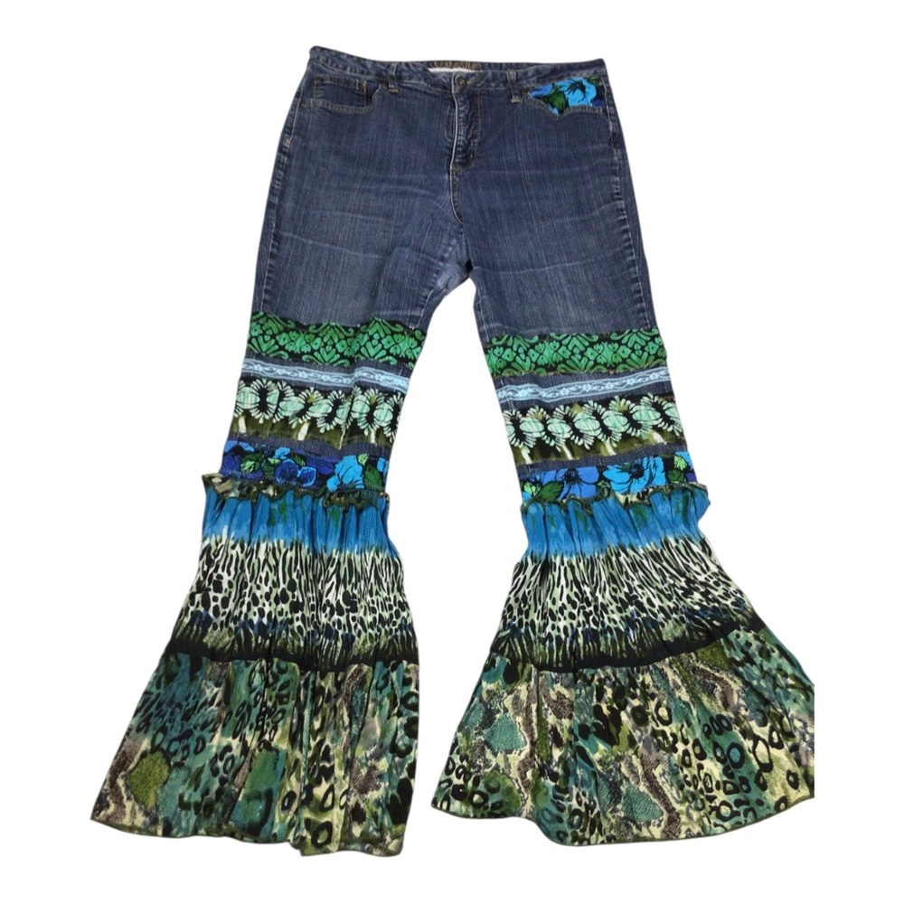Upcycled St.John’s Boho Patchwork Festival Flared Jeans Green Blue Prints READ!